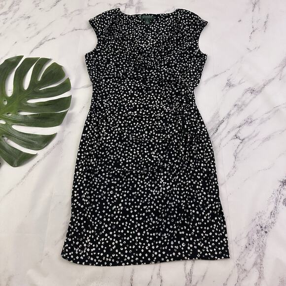 Lauren Ralph Lauren Womens Sheath Dress Size 12 P Black White Dots Stretch - Picture 1 of 10